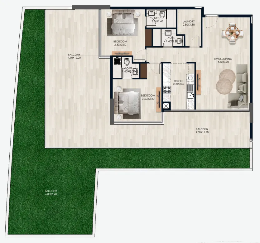 Reem by Vision 2 bed floor plan, 2,315 sqft