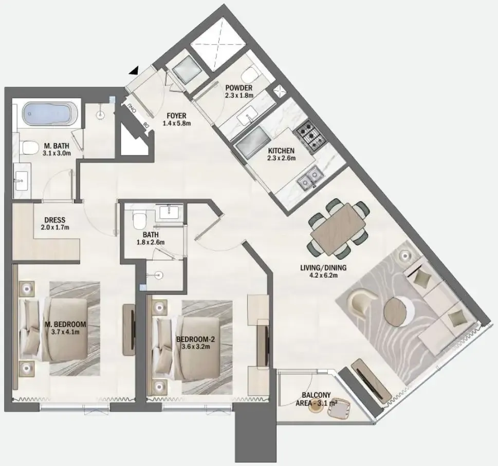 Beachfront Gates 2 bed floor plan, 1,216 sqft