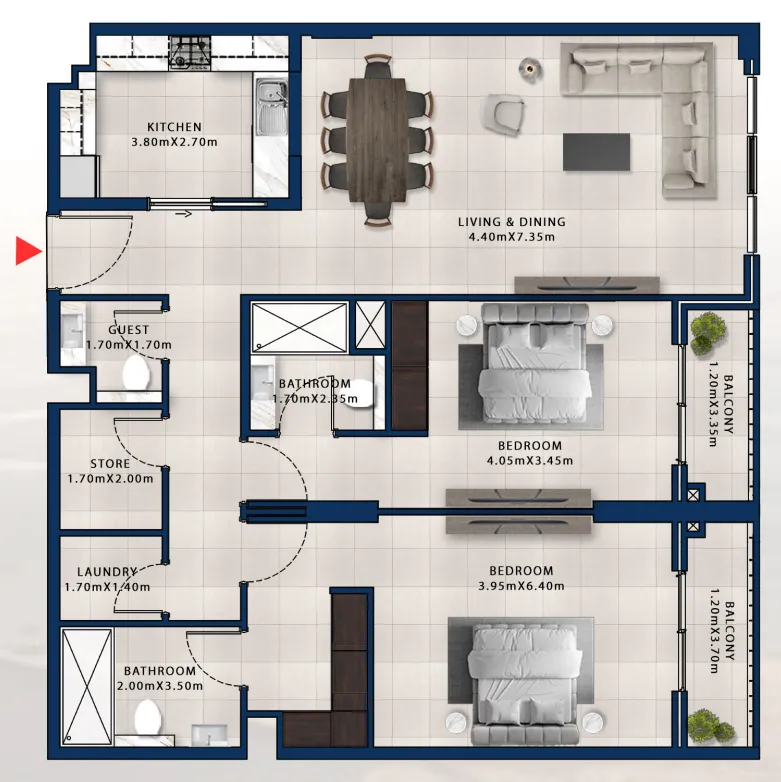 Asayel Avenue 2 bed floor plan, 1,468 sqft