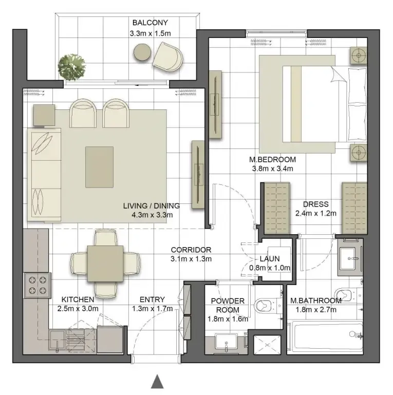 Crystal Residences Tower 2 1 bed floor plan, 714 sqft