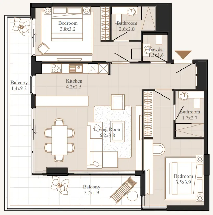 Flamingo LUX 2 bed floor plan, 1,361 sqft