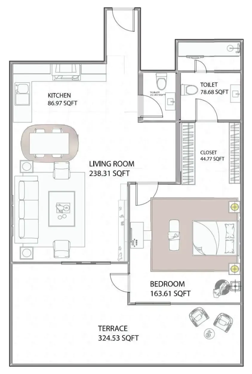 Ajman Creek Towers 1 bed floor plan, 1,434 sqft