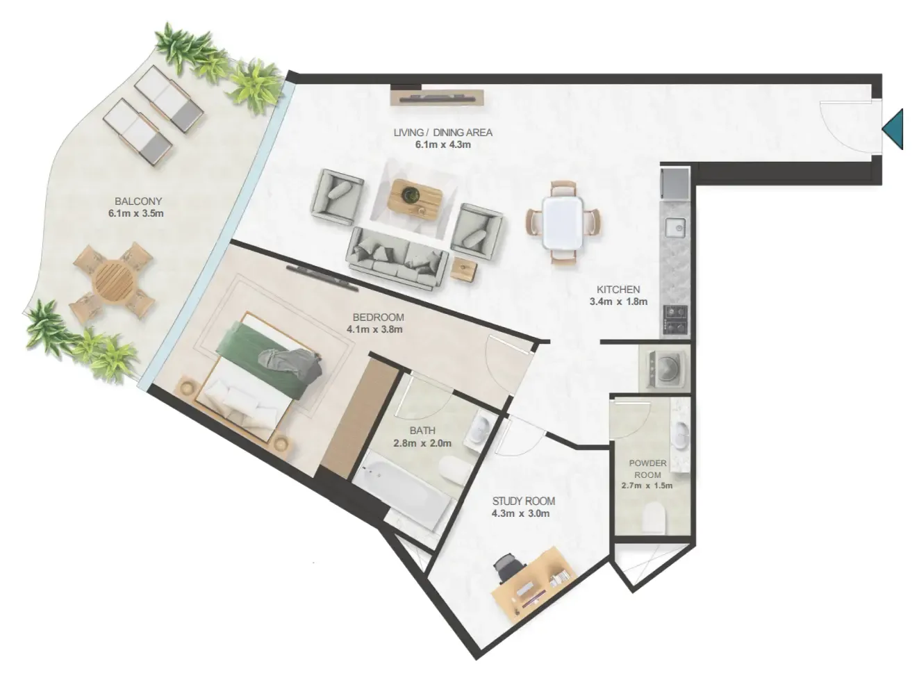 Oystra 1 bed floor plan, 1,223 sqft