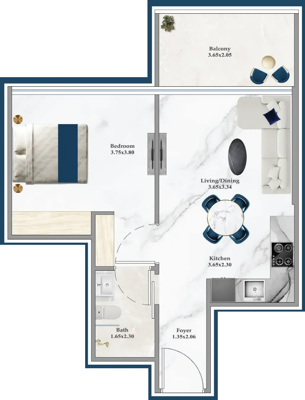 Serenz 1 bed floor plan, 541 sqft