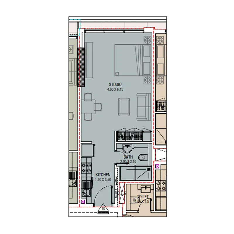 Al Waleed W.S 1 Studio floor plan, 412 – 416 sqft