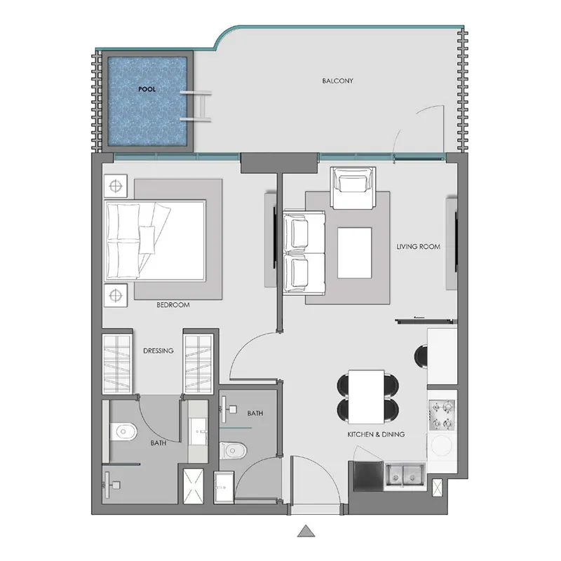 Samana Imperial Garden 1 bed floor plan, 708 – 725 sqft