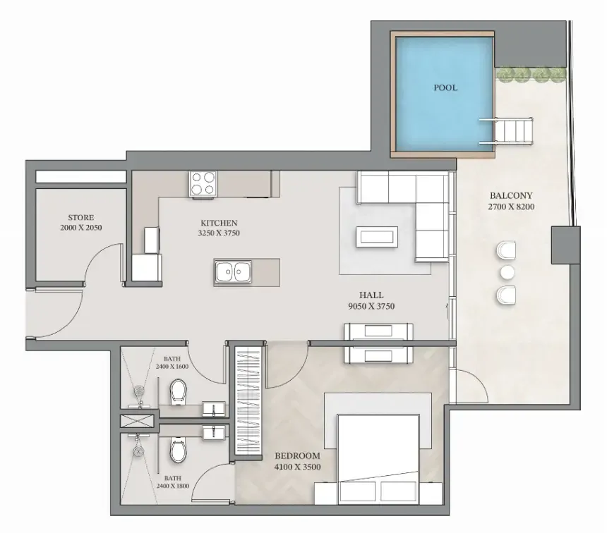 Empire Gardens 1 bed floor plan, 962 sqft