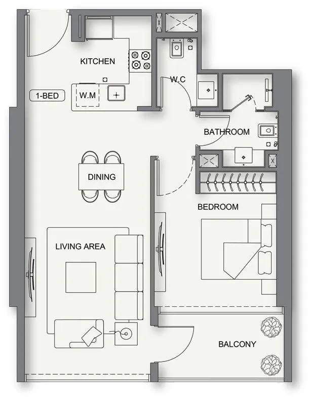 Binghatti Cullinan 1 bed floor plan, 691 sqft