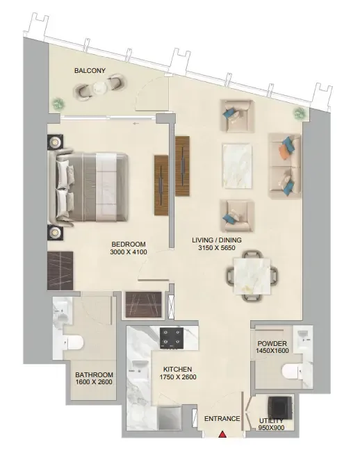 The Mirage at Sobha Central 1 bed floor plan, 654 sqft