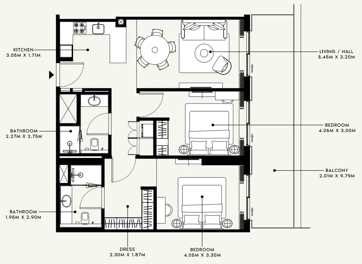 Azizi Venice 2 bed floor plan, 1,156 sqft