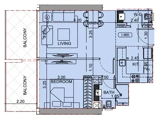 Binghatti Cullinan 1 bed floor plan, 730 sqft