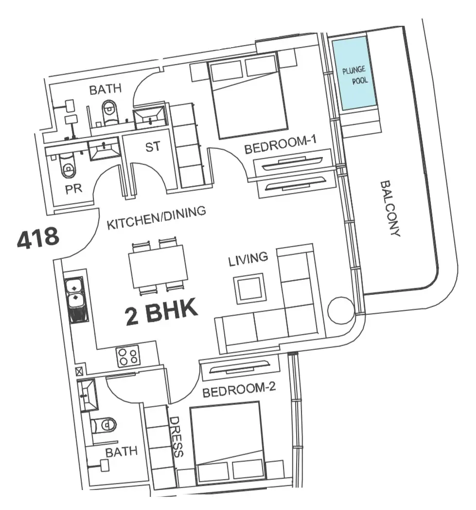 Villa Del Garda 2 bed floor plan, 959 sqft