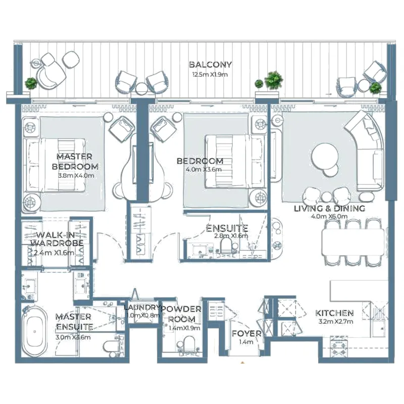 Fairmont Residences Al Marjan Island 2 bed floor plan, 1,425 – 1,426 sqft