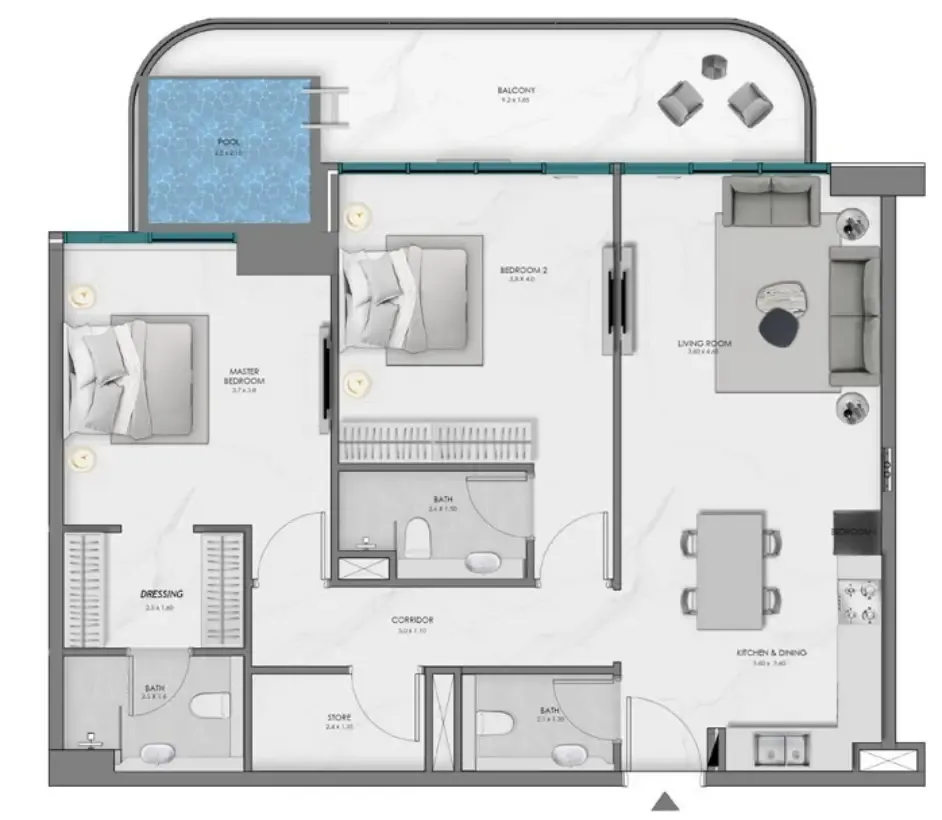 Samana Ocean Bay 2 bed floor plan, 1,245 sqft