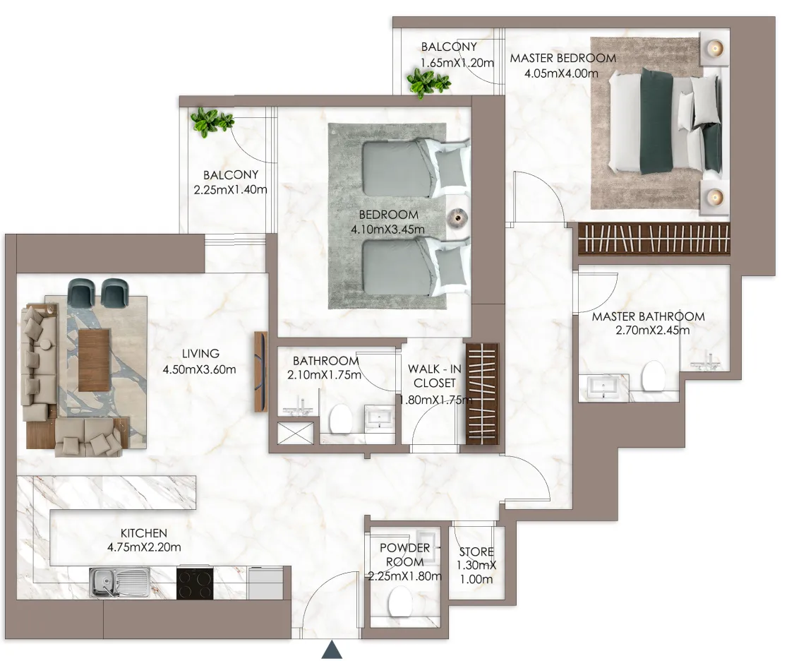 Sky Gardens Tower 2 bed floor plan, 1,526 sqft
