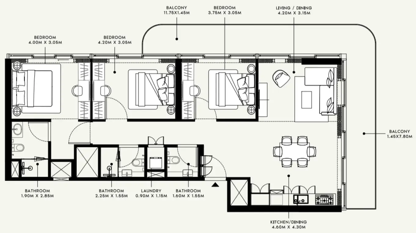 Azizi Raffi 3 bed floor plan, 1,494 sqft