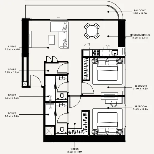 Azizi Milan 2 bed floor plan, 1,075 sqft