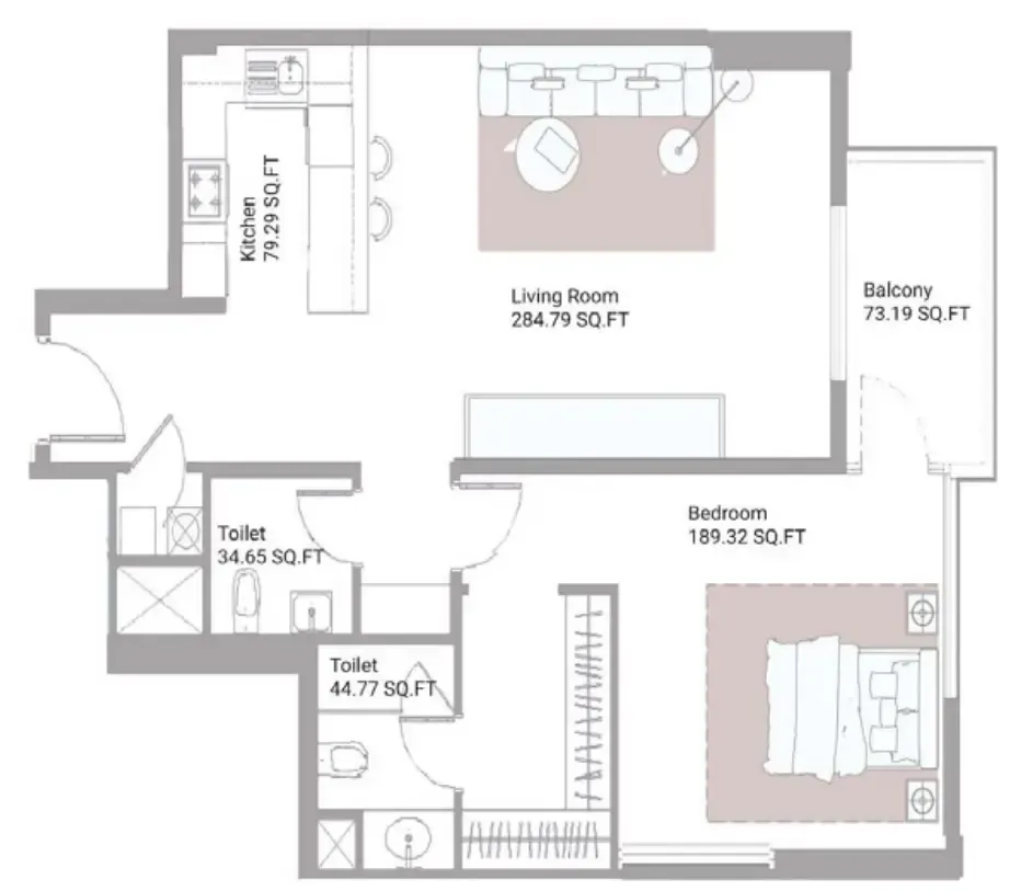 Ajman Creek Towers 1 bed floor plan, 1,248 sqft