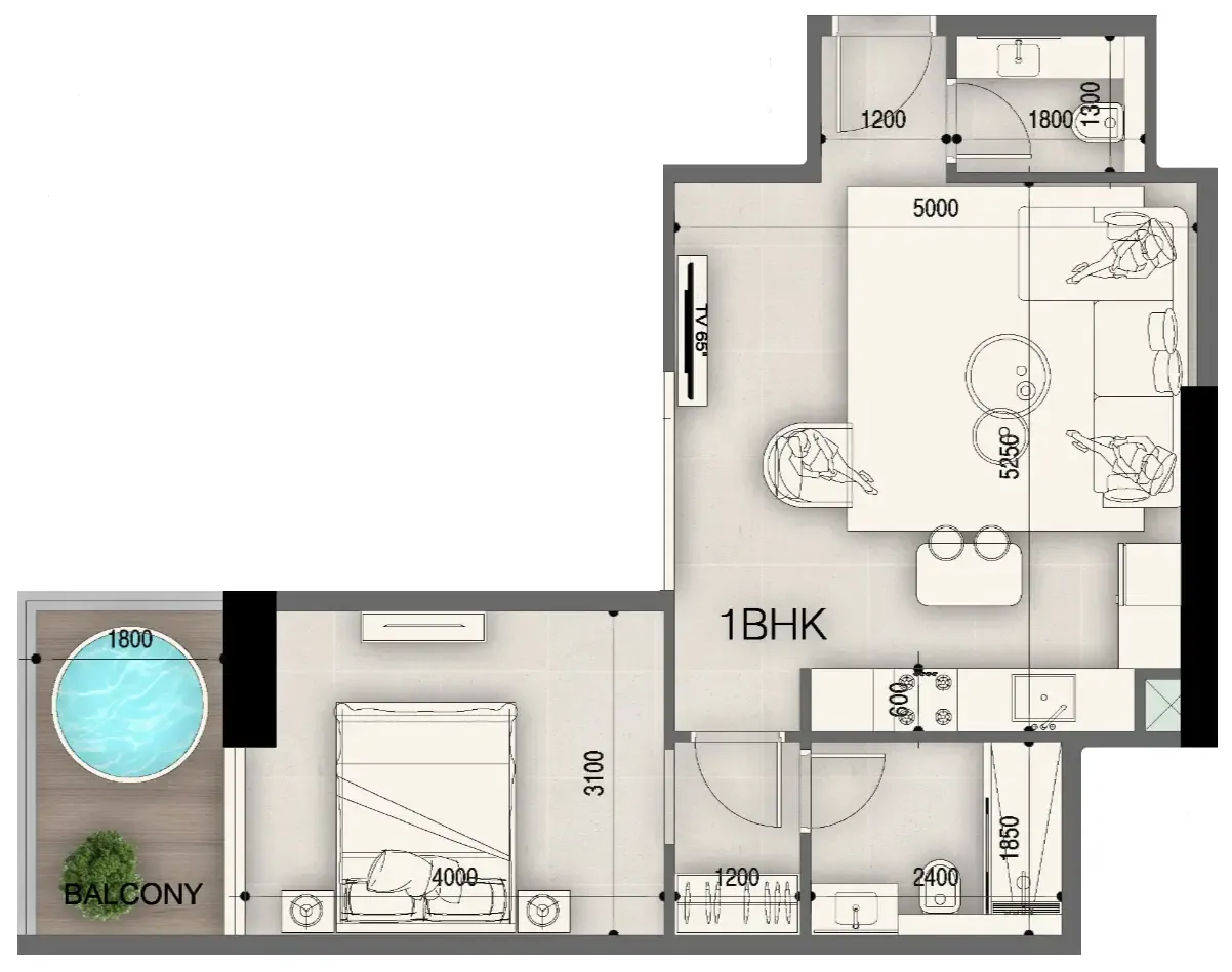 Peace Avenue 1 bed floor plan, 704 sqft