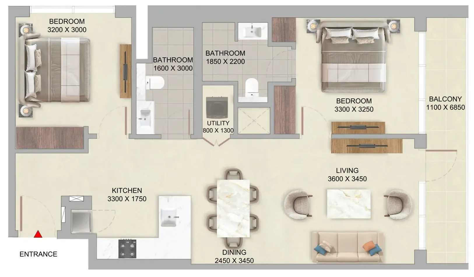 The Woods Abode at Sobha Sanctuary 2 bed floor plan, 961 sqft