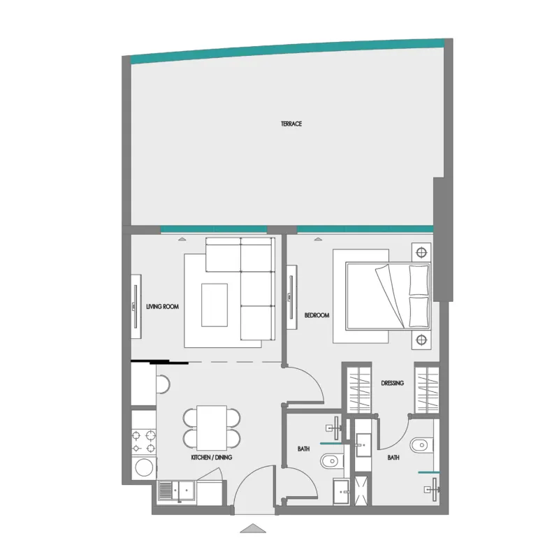 Green Field 1 bed floor plan, 568 – 868 sqft