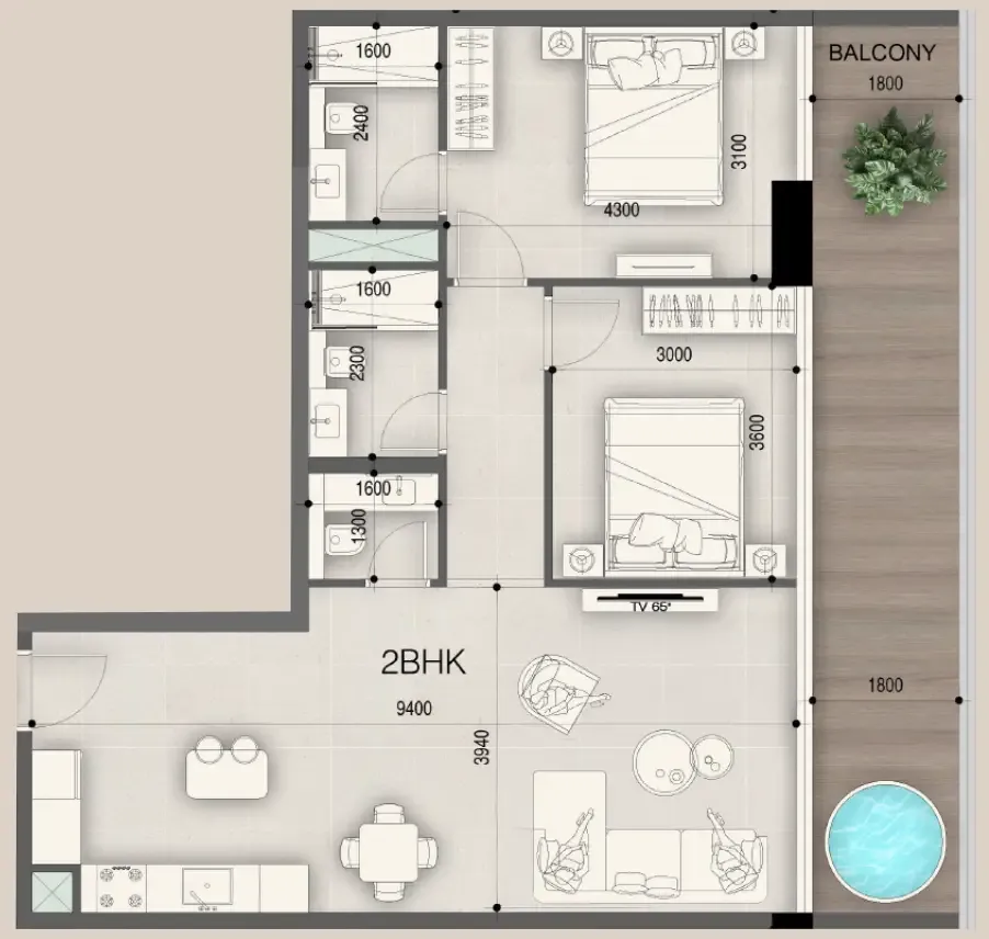 Peace Avenue 2 bed floor plan, 1,106 sqft