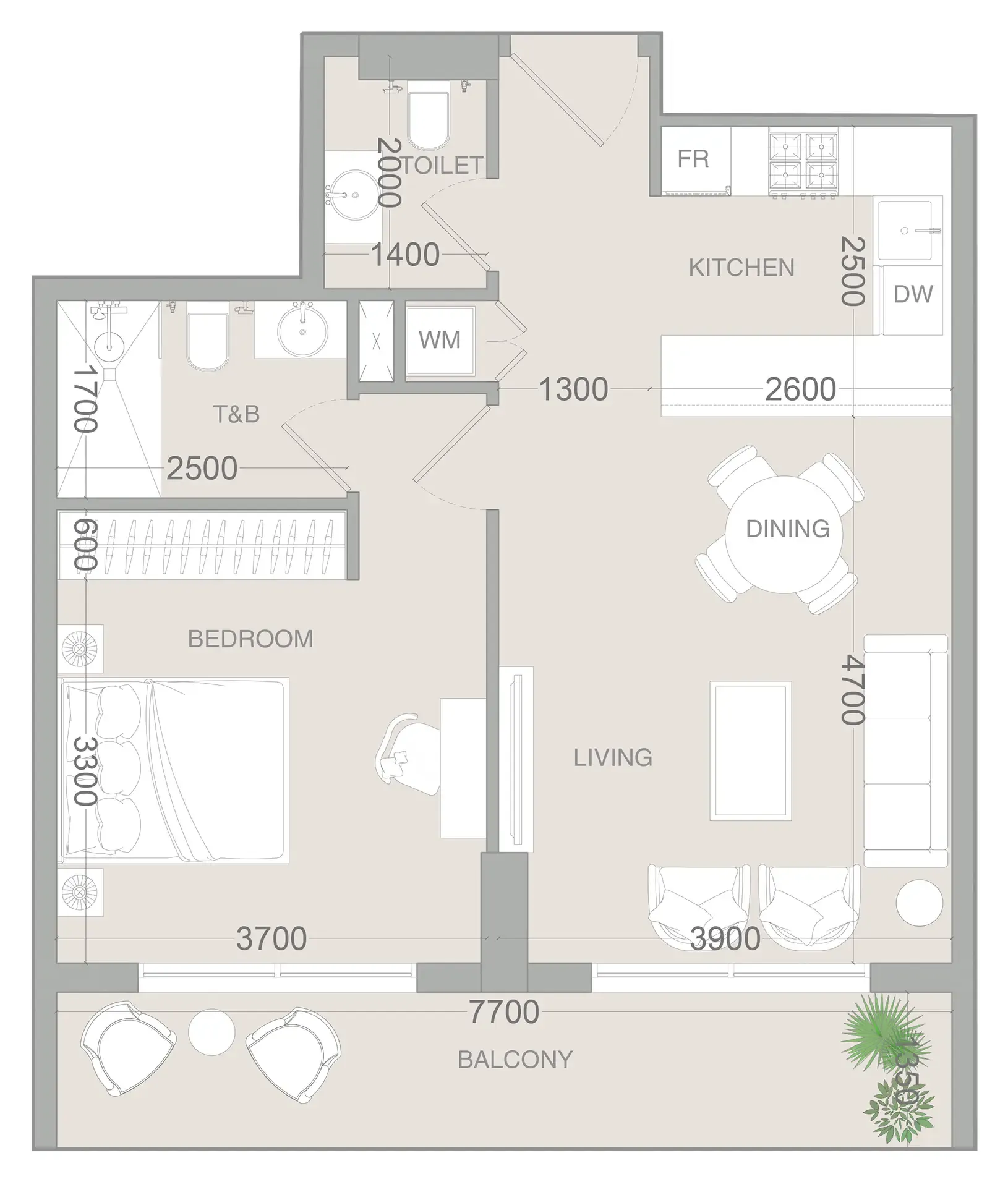 VERDAN1A 3 1 bed floor plan, 734 sqft