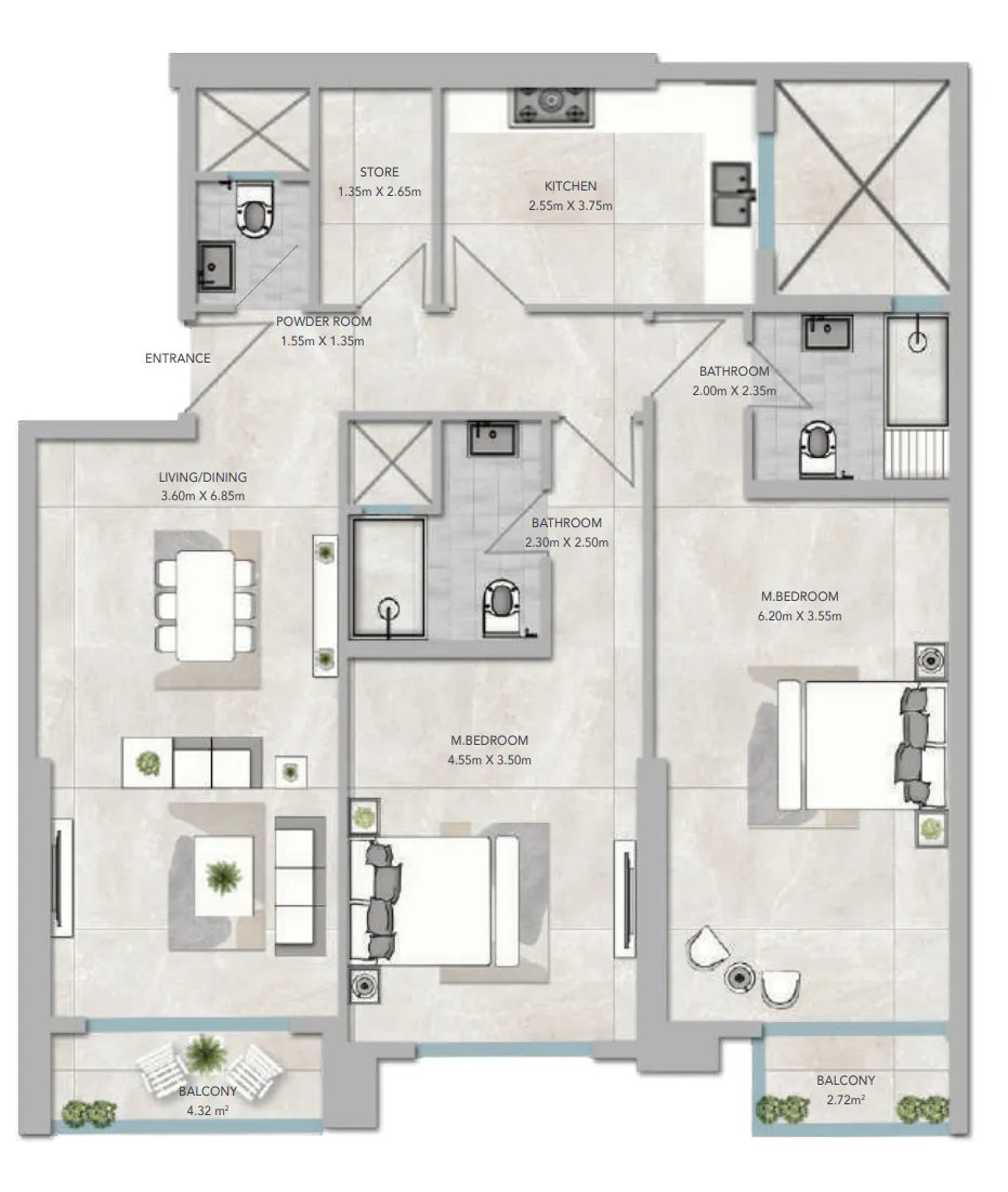 Al Aamra 3 Tower 2 bed floor plan, 1,656 sqft