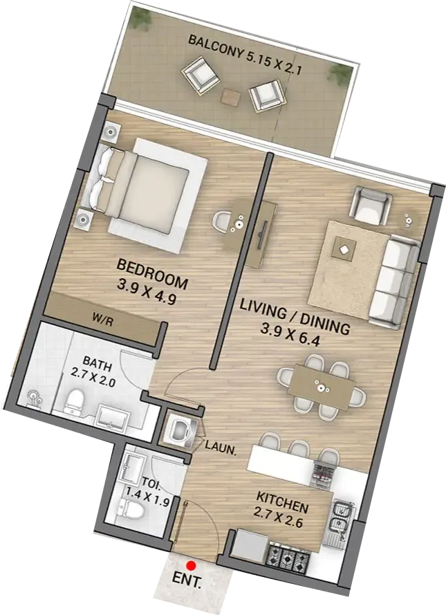 Ocean Tower 1 bed floor plan, 871 sqft