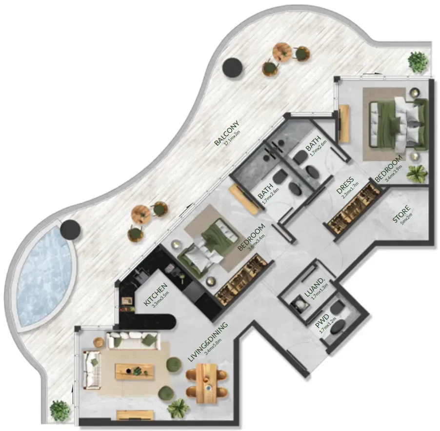 Aqua Maya 2 bed floor plan, 1,609 – 1,626 sqft