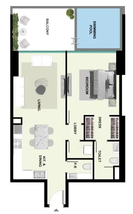 Samana Park Meadows 1 bed floor plan, 833 sqft