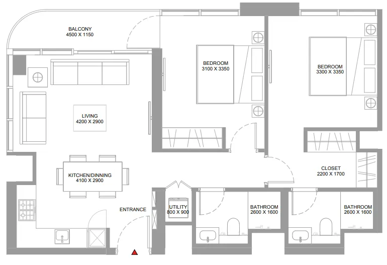 Pristine Beach Residences 2 bed floor plan, 863 – 865 sqft