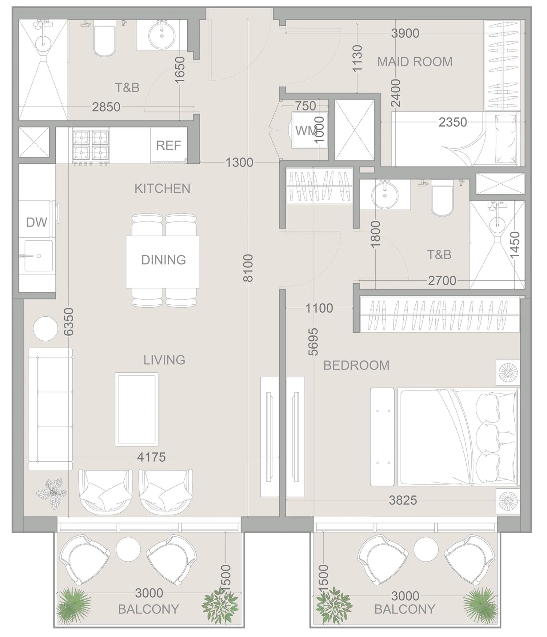 1WOOD Residence 2 1 bed floor plan, 825 sqft