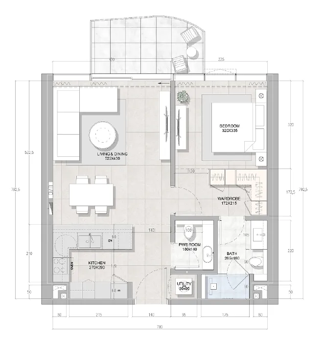 Solera Downtown Mina 1 bed floor plan, 793 – 801 sqft