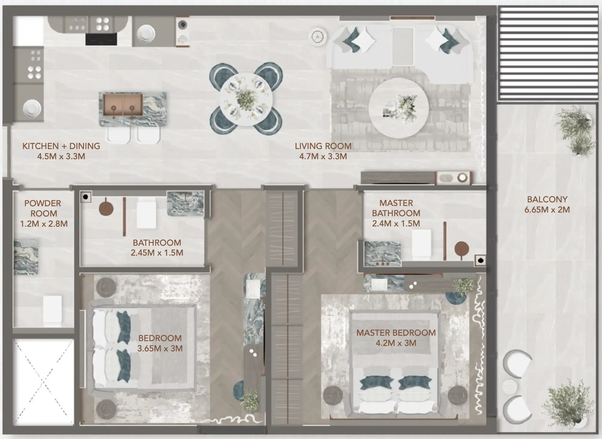 241 Waterside 2 bed floor plan, 954 sqft