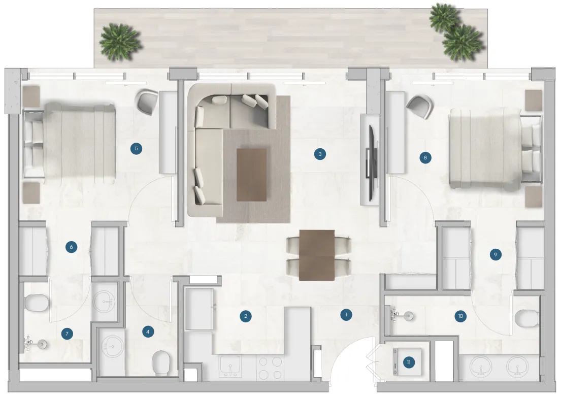 Sola Residences 2 bed floor plan, 1,002 – 1,105 sqft