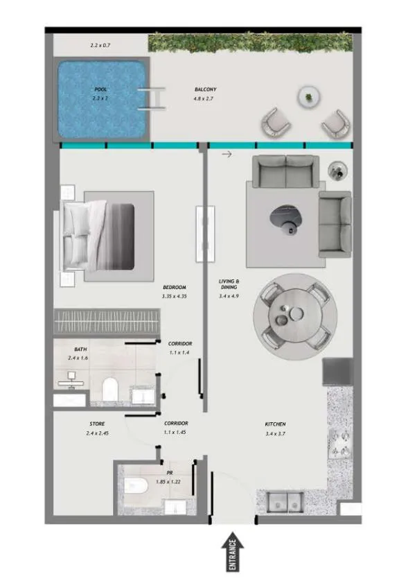 Samana Resorts 1 bed floor plan, 871 – 889 sqft