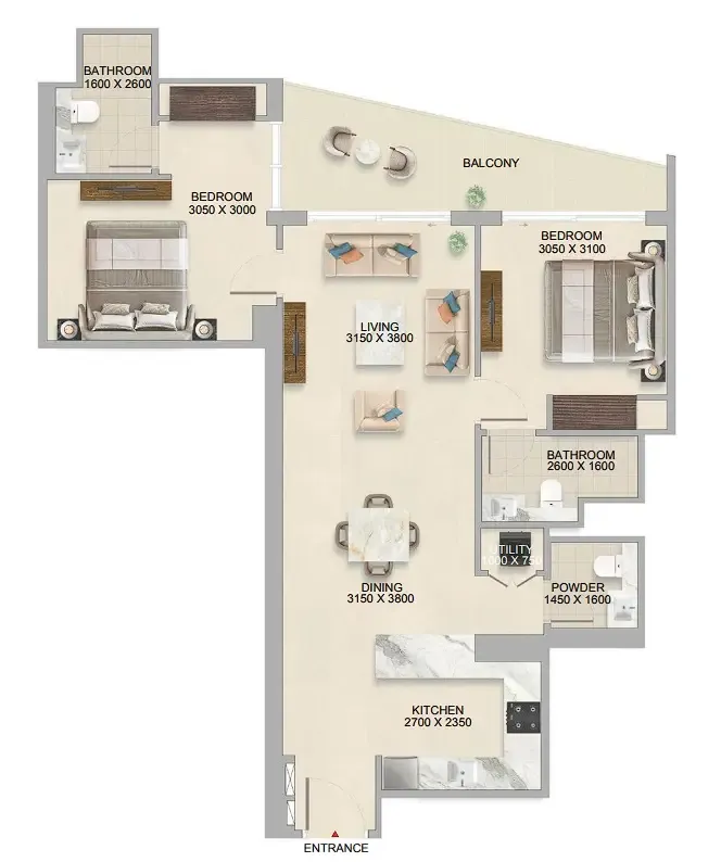The Tranquil at Sobha Central 2 bed floor plan, 1,084 sqft