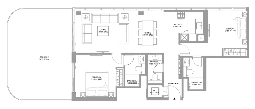 Pearlside Marina Residences 2 bed floor plan, 1,354 – 1,355 sqft