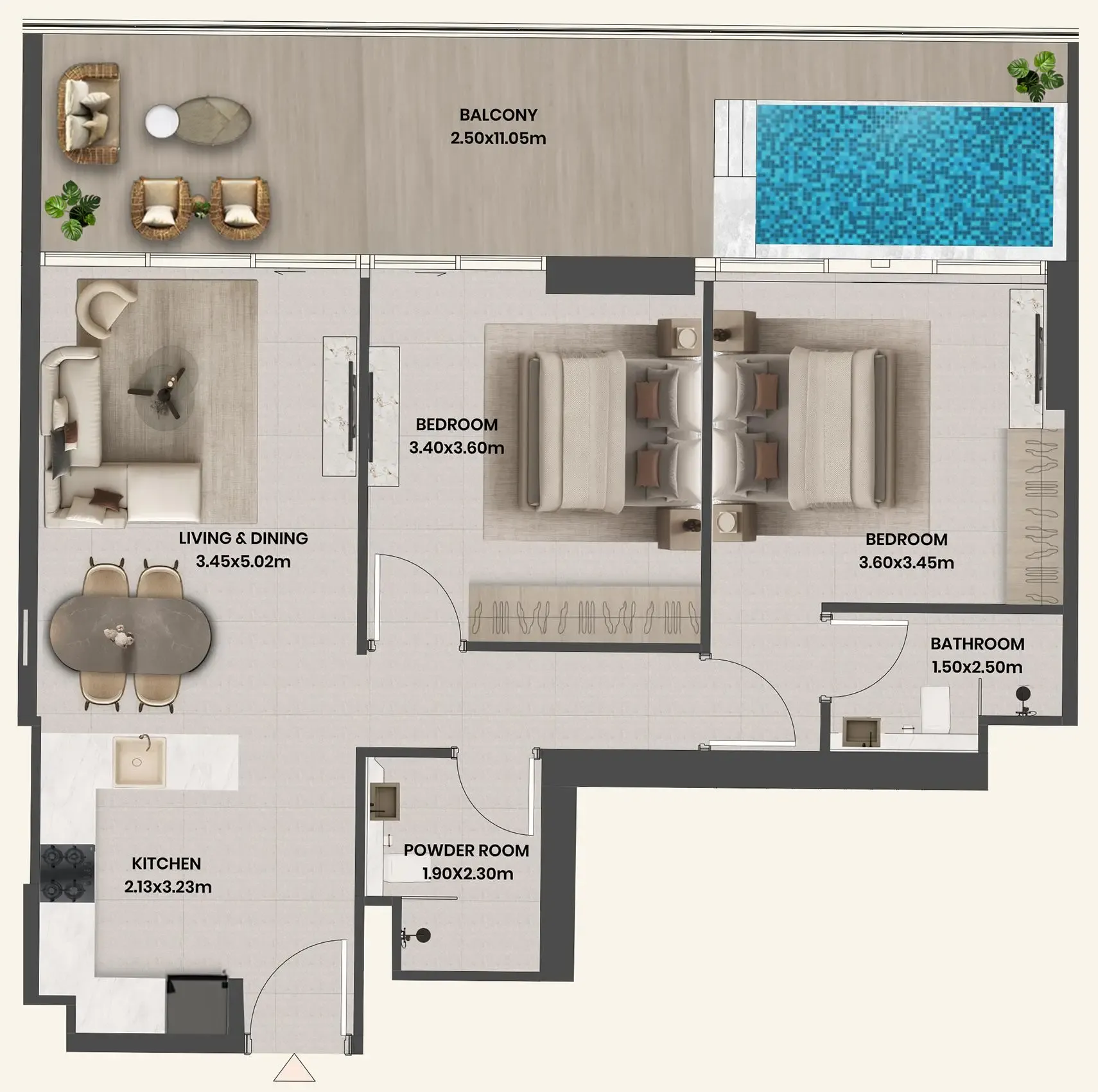 Divine Al Barari 2 bed floor plan, 1,115 sqft