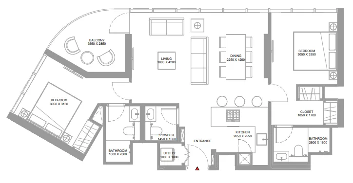 Pierside Marina Residences 2 bed floor plan, 1,022 sqft