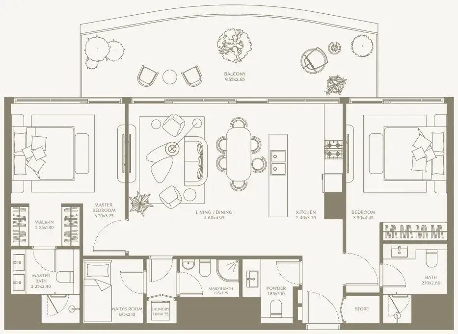 AYA Beachfront Residences 2 bed floor plan, 1,327 – 1,521 sqft
