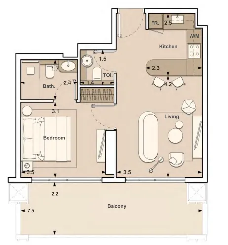 Lume Residences 1 bed floor plan, 685 sqft
