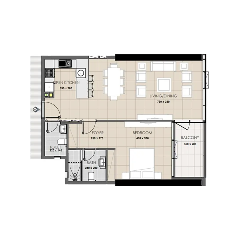 Palatium Residence 1 bed floor plan, 857 sqft