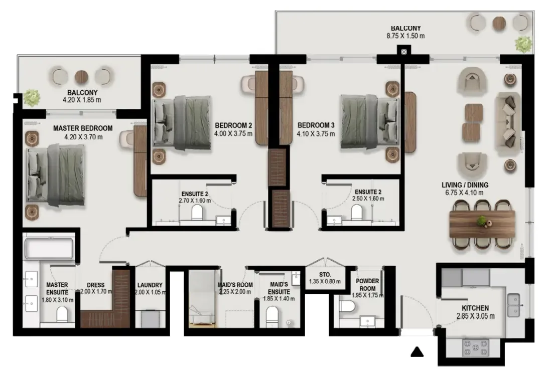 Boulevard Park at Wasl Gate 3 bed floor plan, 1,876 sqft