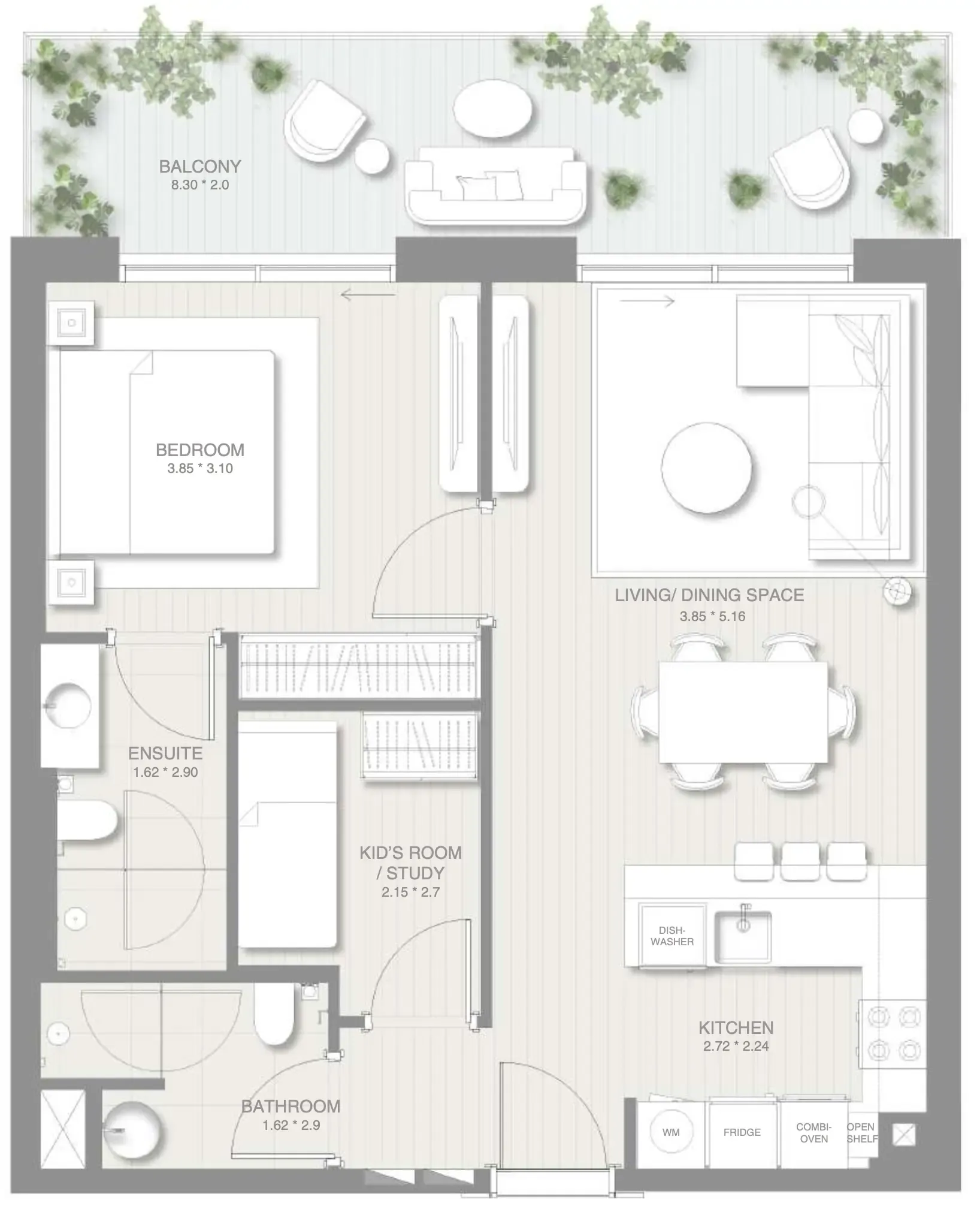 Sol Levante 1 bed floor plan, 883 sqft
