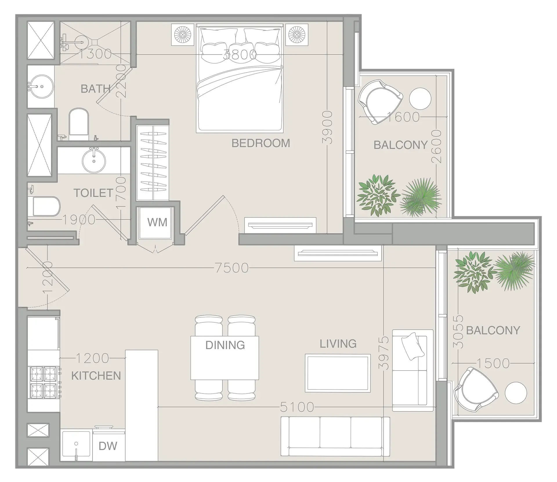 ELAR1S Rise 1 bed floor plan, 712 sqft