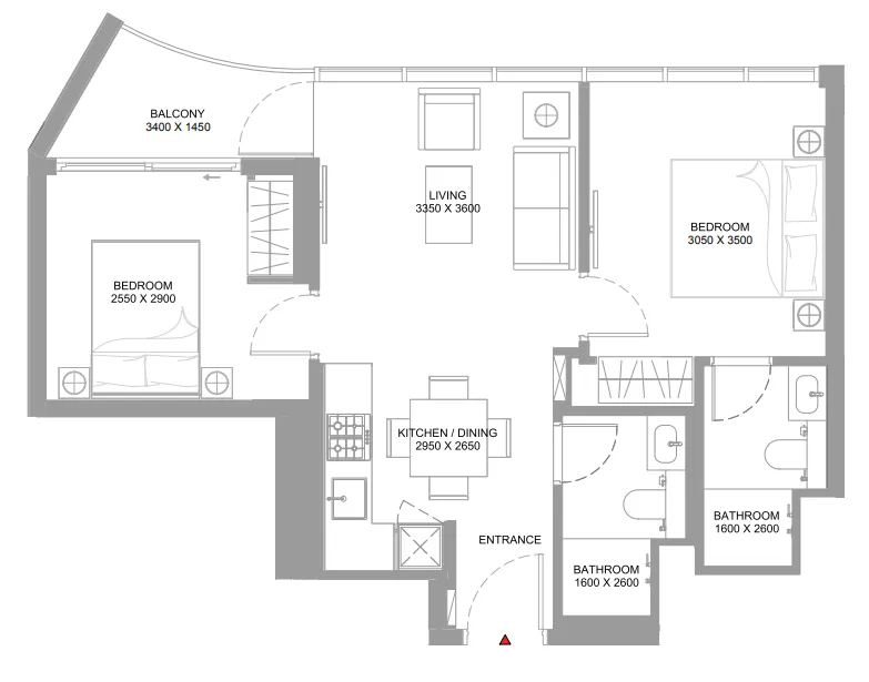 Bayfront Marina Residences 2 bed floor plan, 676 – 683 sqft