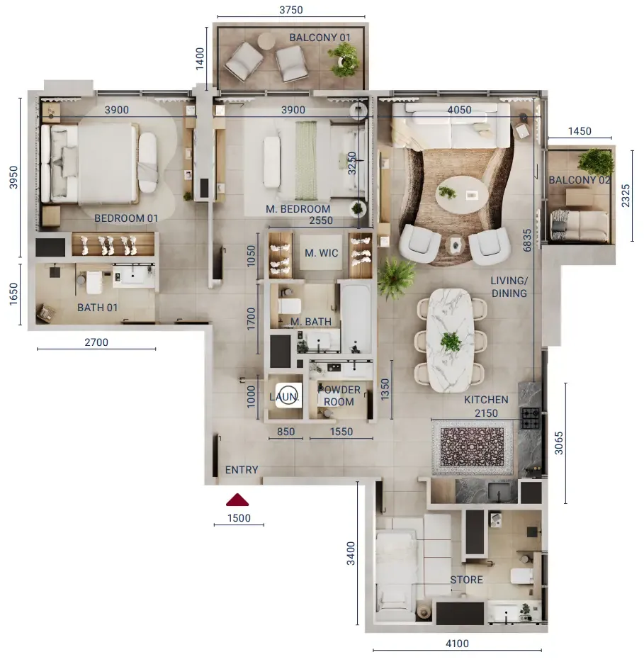 Mirdad 2 bed floor plan, 1,350 sqft