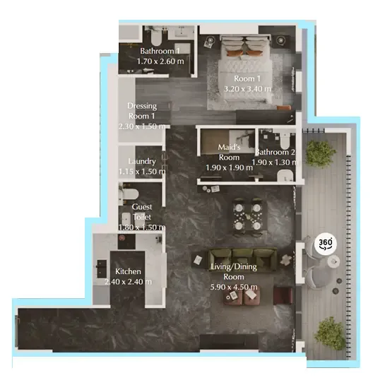 Bab Al Qasr Garden Residences 65 1 bed floor plan, 955 sqft